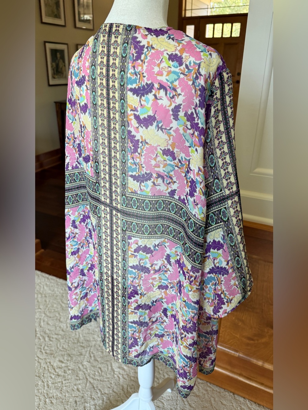 Susan Graver 1X Floral Border Print Open-Front Kimono Jacket - Pink Multi - Picture 3 of 11